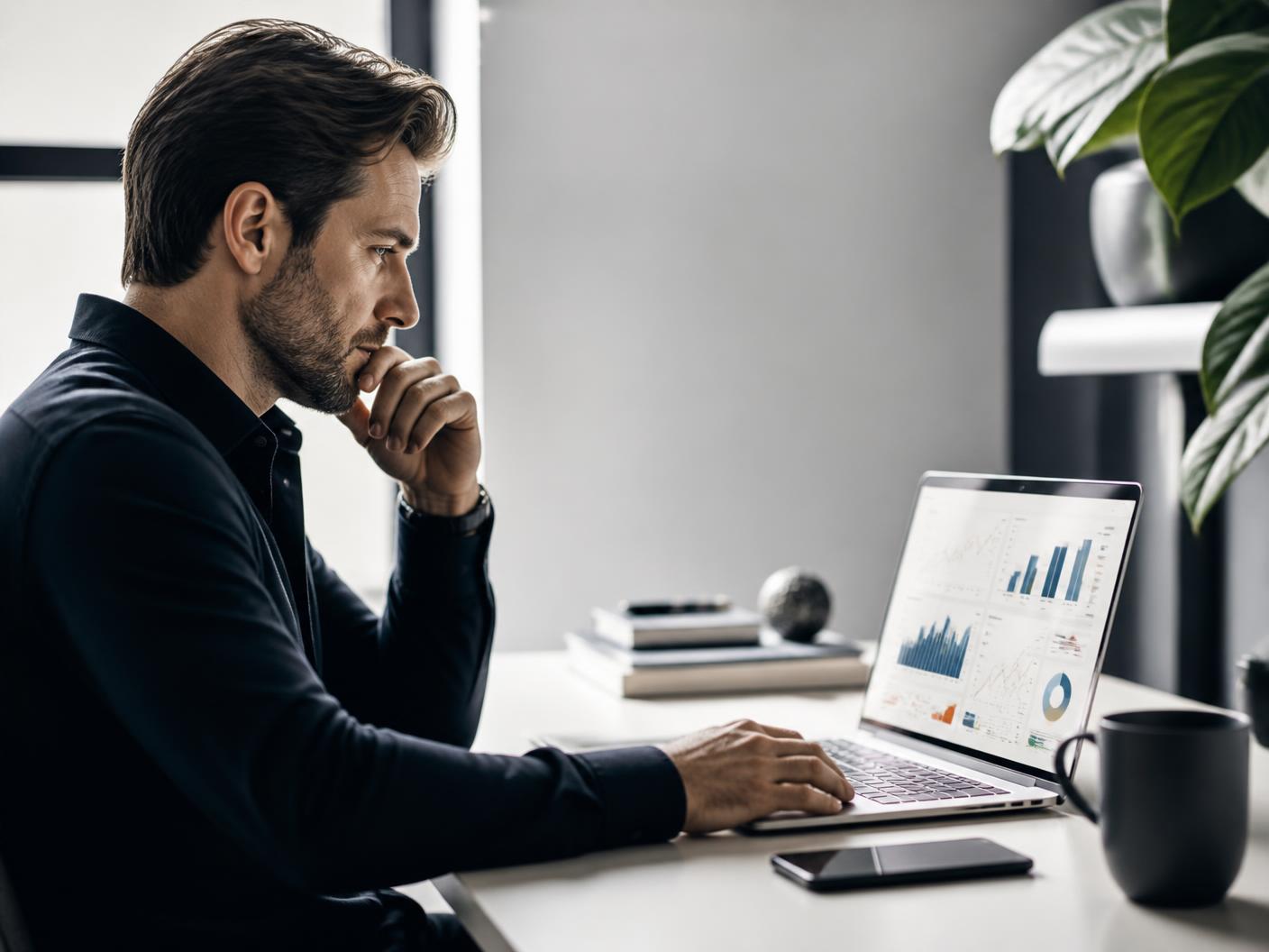 Business owner reviewing marketing performance data on a laptop